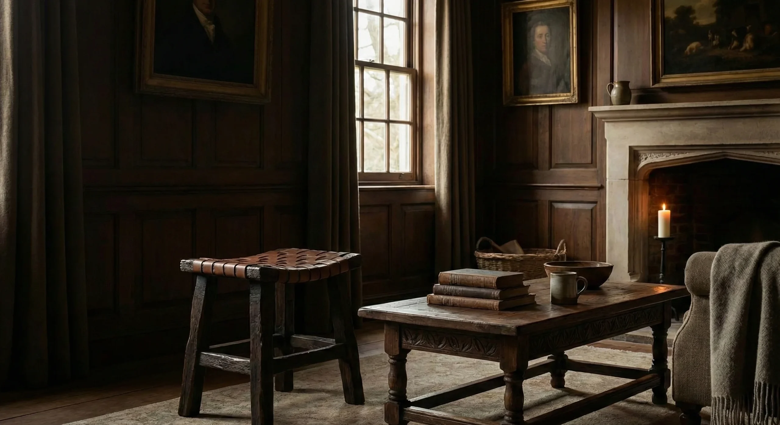 Handcrafted wooden coffee table and woven stool in a rustic, warm-lit living room.