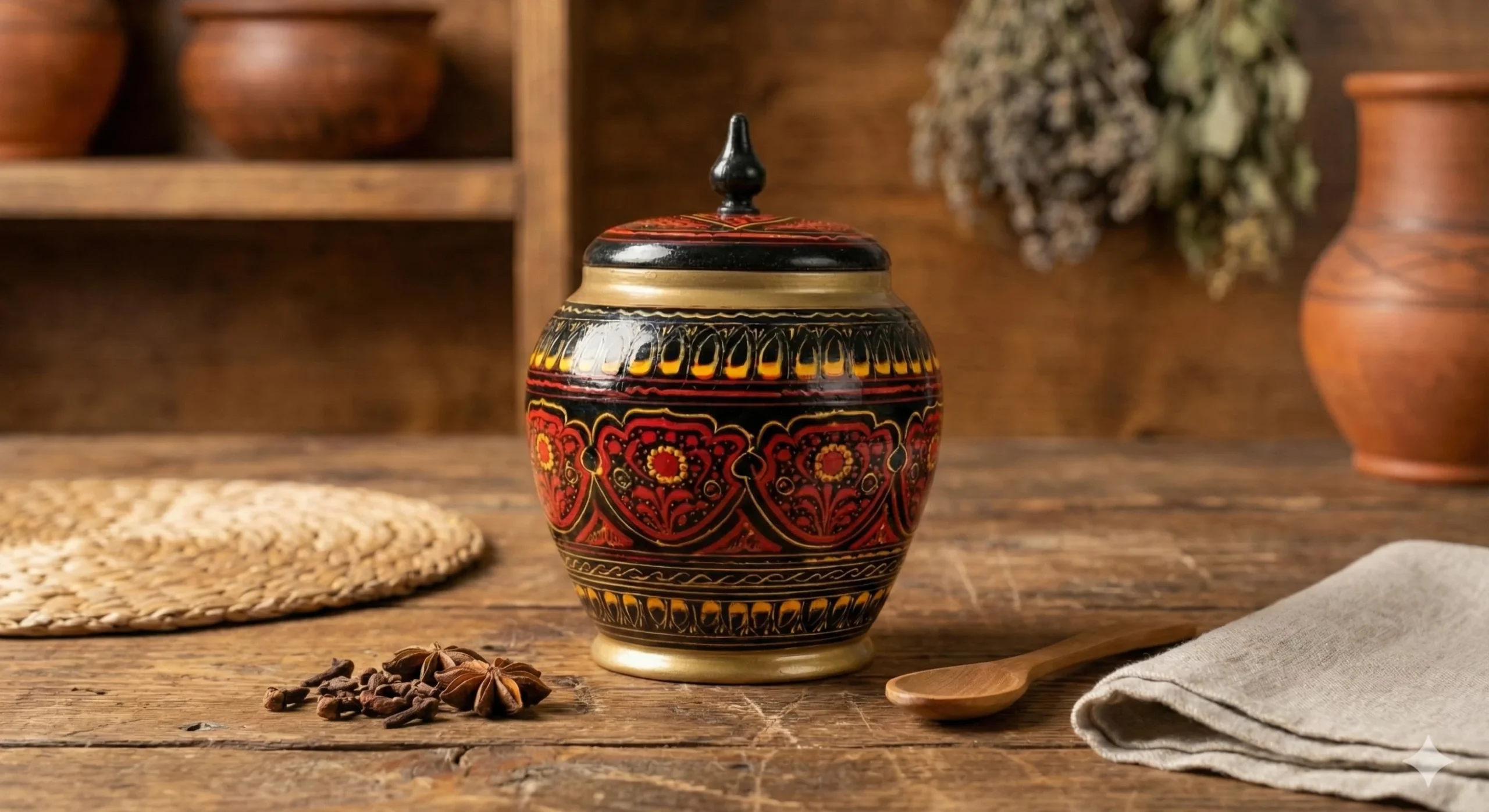 The Royal Khokhloma – Handcrafted Decorative Wooden Jar with Lid – Traditional Premium Home Décor
