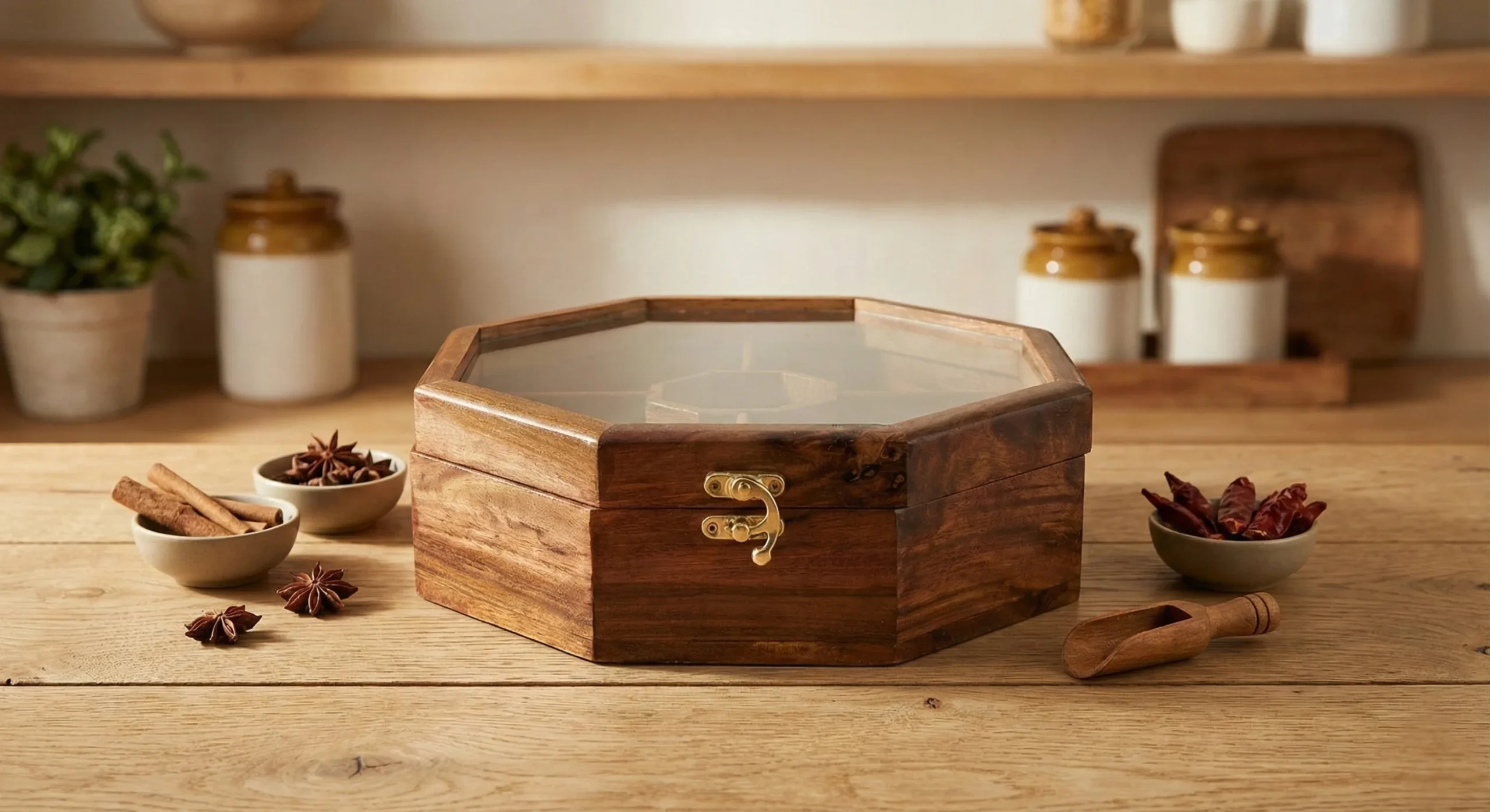 The Heritage Octagon – Glass-Lid Rosewood Spice Box | Dry Fruit Box