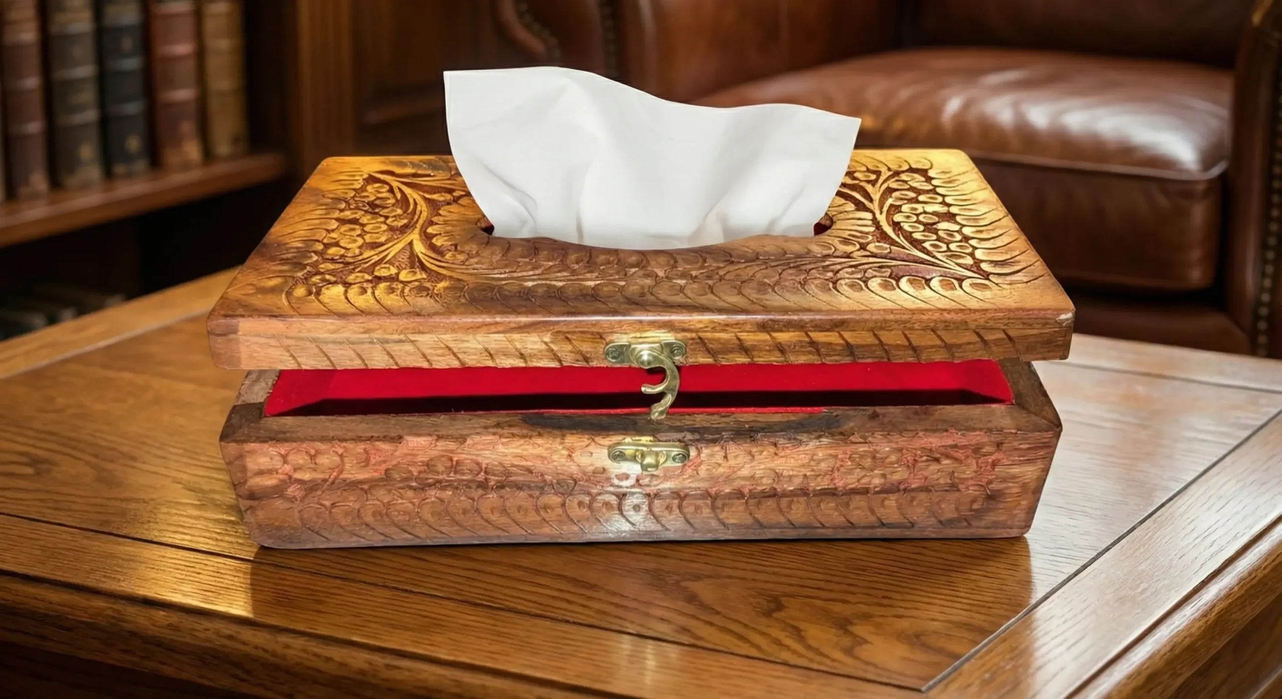 The Crimson Keep – Hand-Carved Rosewood Tissue Box