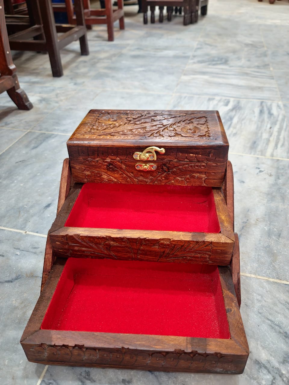 Hand‑carved wooden jewelry box with two‑tier drawer