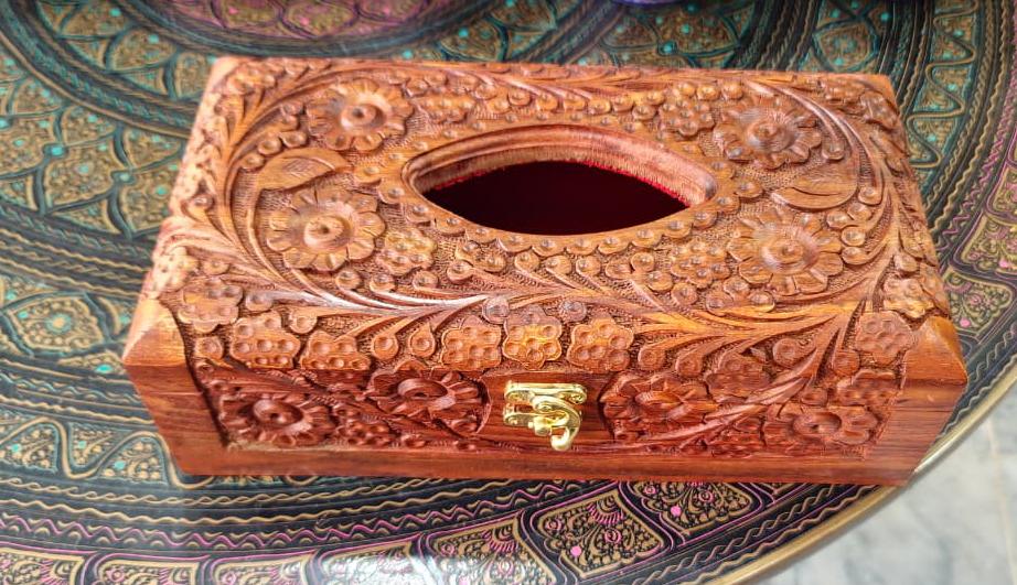 Hand‑carved wooden tissue box / tissue paper holder