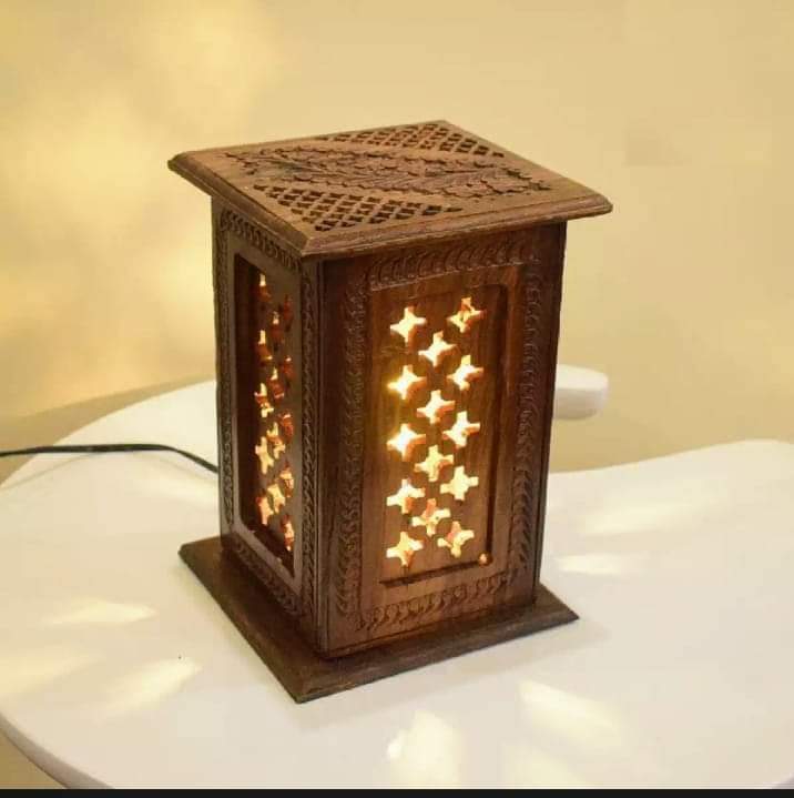 The product name is Wooden Handmade Carved Lamp.