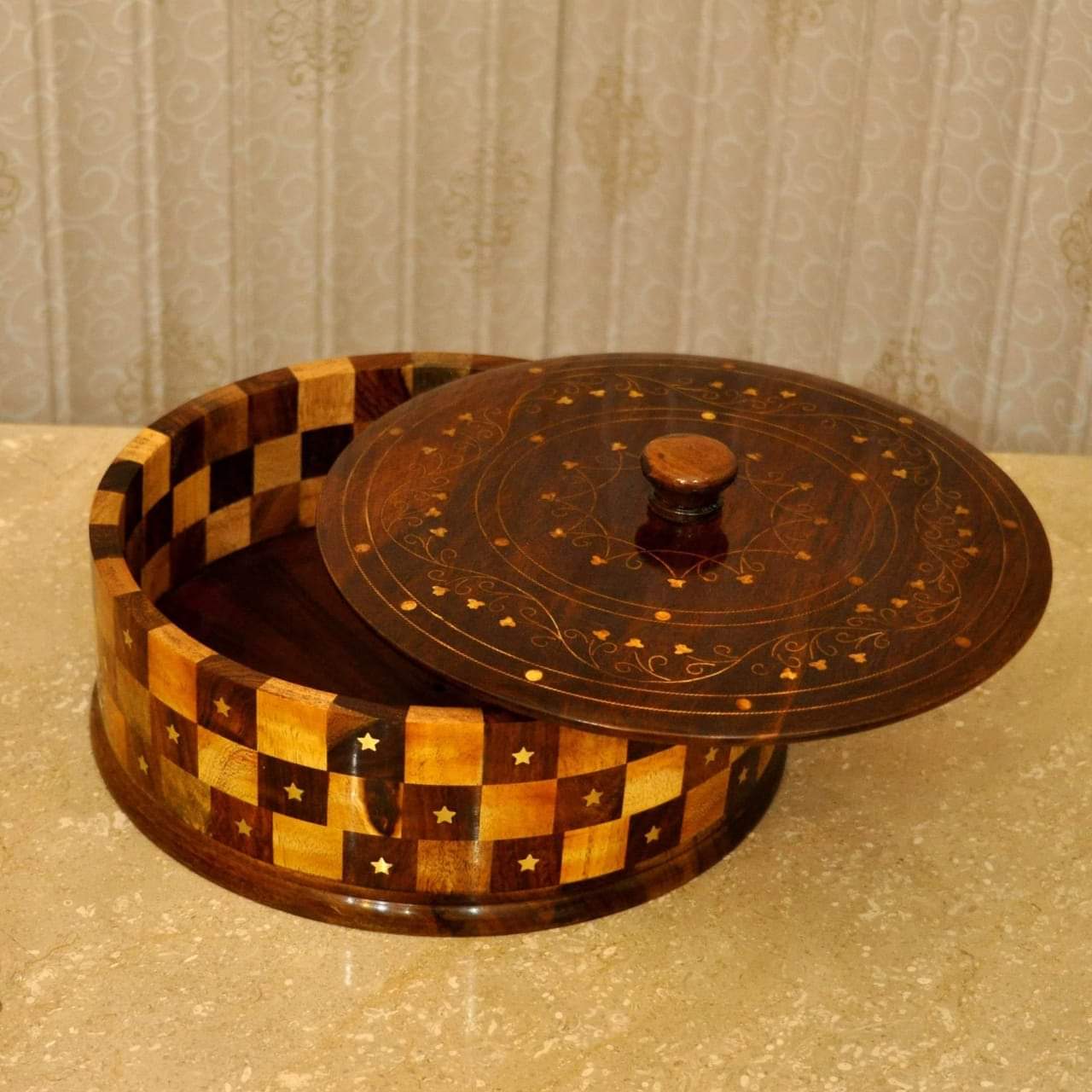 Wooden Handmade Hotpot With Brass And Tukri Work