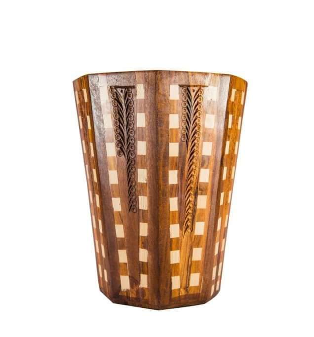 Wooden Handmade Tukri Work Dustbin