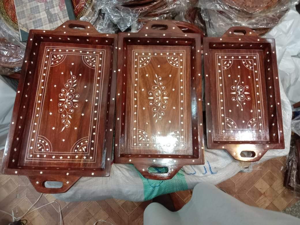 Wooden Handmade Tray Set With White Inlay Work